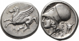 AKARNANIA. Anaktorion. Circa 350-300 BC. Stater (Silver, 21 mm, 8.61 g, 4 h). Pegasos flying left; below, monogram of AN. Rev. Head of Athena to left,...