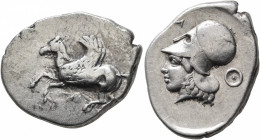 AKARNANIA. Leukas. Circa 400-360 BC. Stater (Silver, 25 mm, 8.64 g, 9 h). Pegasos flying left; below, Λ. Rev. Head of Athena to left, wearing Corinthi...