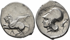 AKARNANIA. Leukas. Circa 375-350 BC. Stater (Silver, 23 mm, 8.61 g, 7 h). Λ Pegasos flying left; to right, [E] (?). Rev. ΛΕΥ Head of Athena to left, w...