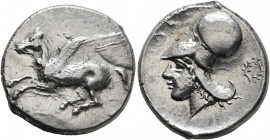 AKARNANIA. Leukas. Circa 380-320 BC. Stater (Silver, 21 mm, 8.46 g, 3 h). Pegasos flying left; below, Λ. Rev. ΛΕΥ Head of Athena to left, wearing Cori...