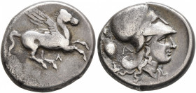 AKARNANIA. Leukas. Circa 320-280 BC. Stater (Silver, 20 mm, 8.38 g, 7 h). Pegasus flying right; below, Λ. Rev. Head of Athena to right, wearing Corint...