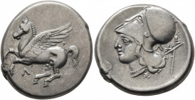 AKARNANIA. Leukas. Circa 350-320 BC. Stater (Silver, 21 mm, 8.54 g, 9 h). Pegasus flying left; below, Λ. Rev. Head of Athena to left, wearing Corinthi...