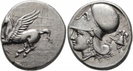 AKARNANIA. Leukas. Circa 320-280 BC. Stater (Silver, 21 mm, 8.48 g). Pegasos flying left; below, Λ. Rev. Head of Athena to left, wearing Corinthian he...