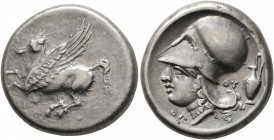 AKARNANIA. Thyrrheion. Circa 320-280 BC. Stater (Silver, 21 mm, 8.60 g, 9 h). Pegasos flying left; below, Θ. Rev. Head of Athena to left, wearing Cori...