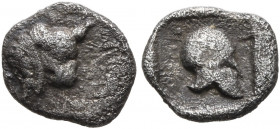 PHOKIS, Federal Coinage. Circa 485-480. Hemiobol (Silver, 7 mm, 0.40 g, 6 h). Head of a bull to right, turned slightly facing. Rev. Corinthian helmet ...