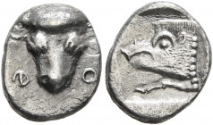 PHOKIS, Federal Coinage. Circa 478-460. Obol (Silver, 11 mm, 0.87 g, 6 h). Φ-Ο Facing head of a bull. Rev. Forepart of a boar to left within incuse sq...
