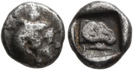 PHOKIS, Federal Coinage. Early 5th century BC. Obol (Silver, 8 mm, 0.77 g, 1 h), Delphi. Head of a male Ethiopian to right. Rev. Head of a ram to righ...