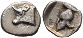PHOKIS, Federal Coinage. Circa 450-400. Hemiobol (Silver, 7 mm, 0.27 g, 6 h). Head of a bull to left. Rev. Corinthian helmet to left within incuse squ...