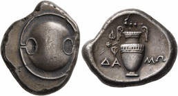 BOEOTIA. Thebes. Circa 395-338 BC. Stater (Silver, 25 mm, 12.31 g), Damo..., magistrate, circa 390-382. Boeotian shield. Rev. ΔΑ-ΜΩ Amphora with ivy b...