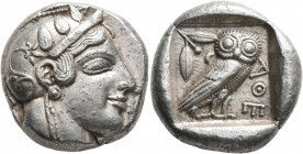 ATTICA. Athens. Circa 475-465 BC. Tetradrachm (Silver, 24 mm, 17.21 g, 2 h). Head of Athena to right, wearing crested Attic helmet decorated with thre...