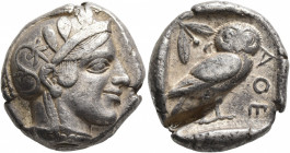 ATTICA. Athens. Circa 465/2-454 BC. Tetradrachm (Silver, 24 mm, 17.17 g, 4 h). Head of Athena to right, wearing crested Attic helmet decorated with th...