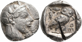 ATTICA. Athens. Circa 465/2-454 BC. Tetradrachm (Silver, 24 mm, 17.18 g, 2 h). Head of Athena to right, wearing crested Attic helmet decorated with th...