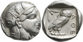 ATTICA. Athens. Circa 455-449 BC. Tetradrachm (Silver, 24 mm, 17.23 g, 8 h). Head of Athena to right, wearing crested Attic helmet decorated with thre...