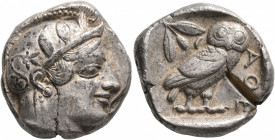 ATTICA. Athens. Circa 455-449 BC. Tetradrachm (Silver, 25 mm, 17.17 g, 2 h). Head of Athena to right, wearing crested Attic helmet decorated with thre...