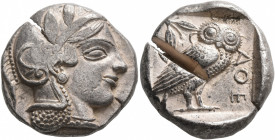 ATTICA. Athens. Circa 455-449 BC. Tetradrachm (Silver, 24 mm, 17.22 g, 3 h). Head of Athena to right, wearing crested Attic helmet decorated with thre...