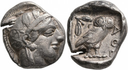 ATTICA. Athens. Circa 430s-420s BC. Tetradrachm (Silver, 25 mm, 17.21 g, 6 h). Head of Athena to right, wearing crested Attic helmet decorated with th...