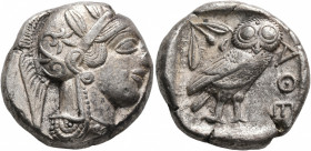 ATTICA. Athens. Circa 430s-420s BC. Tetradrachm (Silver, 23 mm, 17.17 g, 7 h). Head of Athena to right, wearing crested Attic helmet decorated with th...