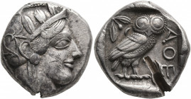 ATTICA. Athens. Circa 430s-420s BC. Tetradrachm (Silver, 24 mm, 17.12 g, 1 h). Head of Athena to right, wearing crested Attic helmet decorated with th...