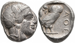 ATTICA. Athens. Circa 430s-420s BC. Tetradrachm (Silver, 23 mm, 17.19 g, 7 h). Head of Athena to right, wearing crested Attic helmet decorated with th...