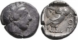 ATTICA. Athens. Circa 430s-420s BC. Tetradrachm (Silver, 25 mm, 17.13 g, 7 h). Head of Athena to right, wearing crested Attic helmet decorated with th...