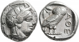 ATTICA. Athens. Circa 430s-420s BC. Tetradrachm (Silver, 24 mm, 17.18 g, 7 h). Head of Athena to right, wearing crested Attic helmet decorated with th...