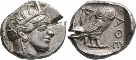 ATTICA. Athens. Circa 430s-420s BC. Tetradrachm (Silver, 27 mm, 17.19 g, 1 h). Head of Athena to right, wearing crested Attic helmet decorated with th...