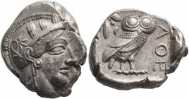 ATTICA. Athens. Circa 430s-420s BC. Tetradrachm (Silver, 25 mm, 17.23 g, 4 h). Head of Athena to right, wearing crested Attic helmet decorated with th...