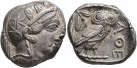 ATTICA. Athens. Circa 430s-420s BC. Tetradrachm (Silver, 24 mm, 17.23 g, 6 h). Head of Athena to right, wearing crested Attic helmet decorated with th...