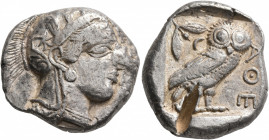 ATTICA. Athens. Circa 430s-420s BC. Tetradrachm (Silver, 25 mm, 16.10 g, 3 h). Head of Athena to right, wearing crested Attic helmet decorated with th...