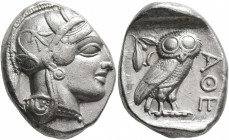 ATTICA. Athens. Circa 430s-420s BC. Tetradrachm (Silver, 26 mm, 17.19 g, 1 h). Head of Athena to right, wearing crested Attic helmet decorated with th...