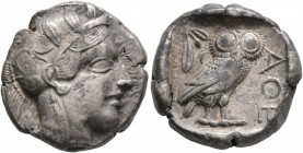 ATTICA. Athens. Circa 430s-420s BC. Tetradrachm (Silver, 24 mm, 17.08 g, 1 h). Head of Athena to right, wearing crested Attic helmet decorated with th...