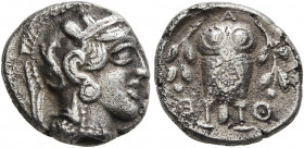 ATTICA. Athens. Circa 430s-420s BC. Hemidrachm (Silver, 13 mm, 2.00 g, 4 h). Head of Athena to right, wrearing crested Attic helmet decorated with thr...