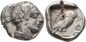 ATTICA. Athens. Circa 430s-420s BC. Tetradrachm (Silver, 25 mm, 17.15 g, 3 h). Head of Athena to right, wearing crested Attic helmet decorated with th...