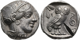 ATTICA. Athens. Circa 430s-420s BC. Tetradrachm (Silver, 23 mm, 17.22 g, 9 h). Head of Athena to right, wearing crested Attic helmet decorated with th...