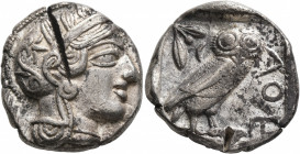 ATTICA. Athens. Circa 430s-420s BC. Tetradrachm (Silver, 25 mm, 17.20 g, 8 h). Head of Athena to right, wearing crested Attic helmet decorated with th...