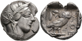 ATTICA. Athens. Circa 430s-420s BC. Tetradrachm (Silver, 25 mm, 17.18 g, 9 h). Head of Athena to right, wearing crested Attic helmet decorated with th...