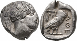 ATTICA. Athens. Circa 430s-420s BC. Tetradrachm (Silver, 25 mm, 17.17 g, 7 h). Head of Athena to right, wearing crested Attic helmet decorated with th...