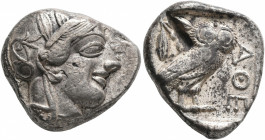 ATTICA. Athens. Circa 430s-420s BC. Tetradrachm (Silver, 25 mm, 17.18 g, 3 h). Head of Athena to right, wearing crested Attic helmet decorated with th...