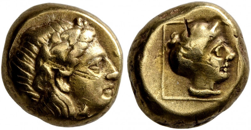 LESBOS. Mytilene. Circa 377-326 BC. Hekte (Electrum, 10 mm, 2.56 g, 11 h). Laure...