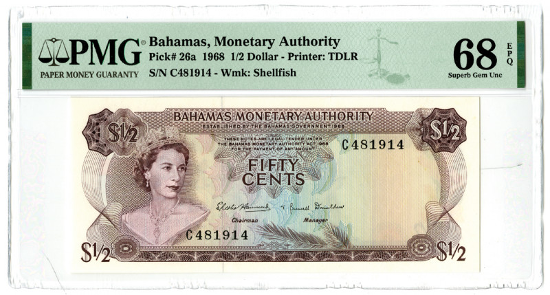 Bahamas. 1968. 1/2 Dollar, P-26a, issued banknote, Purple on m/c, Queen Elizabet...