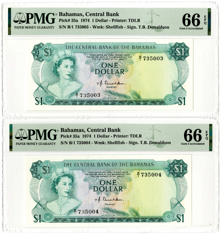 Bahamans. 1974. Lot of 2 Sequential pieces, both are: 1 Dollar, P-35a, Issued ba...