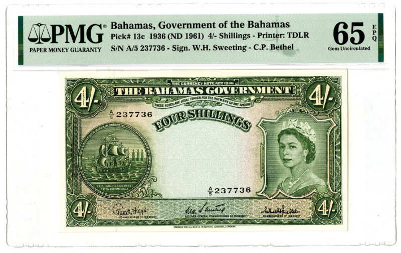 Bahamas.... 1936 (ND 1961). 4/- Shillings, P-13c, Issued banknote, Green, S/N A/...