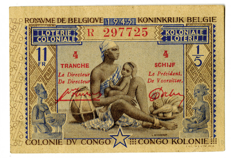 Belgian Congo. 1945. 11 Francs, P-NL, 3.5 x 2.5 inches, issued lottery ticket, V...