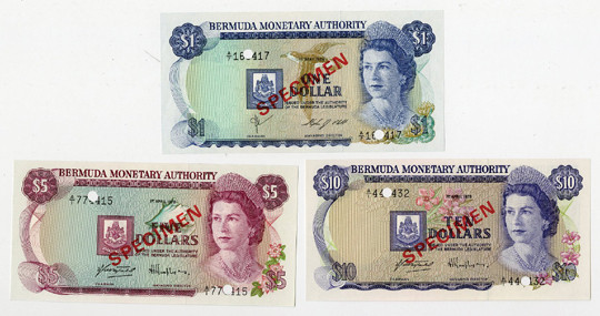 Bermuda. 1978-84. 3 Specimen banknotes: 1 Dollar, P-28s, Dark blue on tan and aq...
