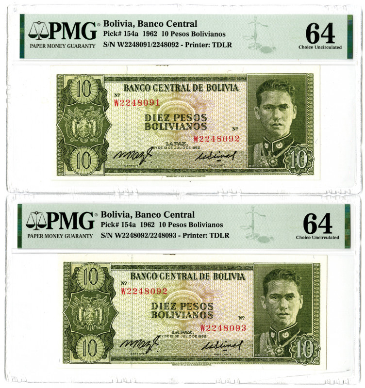 Bolivia…..., 1962. 2 pieces, both the same: 10 Pesos Bolivianos, P-154a, Issued ...