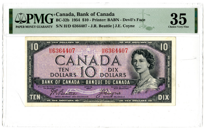 Canada. 1954. 10 Dollars, BC-32b, Issued banknote, Black on purple underprint, Q...