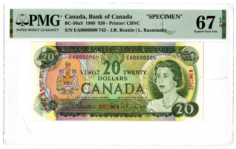 Canada. 1969. $20, BC-50aS, Specimen banknote, Olive on multicolor underprint, S...