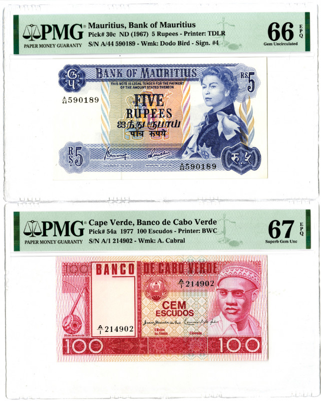 2 Issued banknotes: Bank of Mauritius, 5 Rupees, P-30c, Blue on multicolor under...