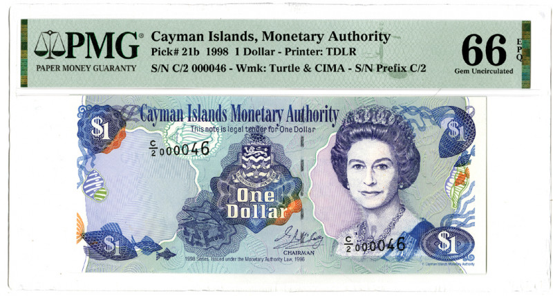 Cayman Islands. 1998. 1 Dollar, P-21b, Issued banknote, Blue on multicolor under...