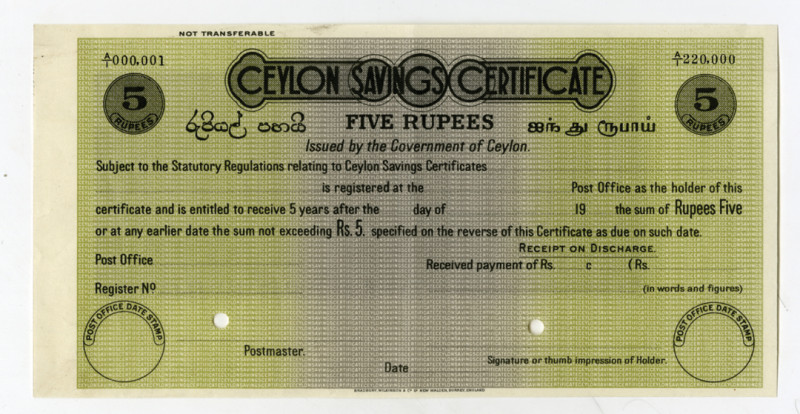 Ceylon, 5 Rupees, Black text on olive green, POC's, S/N A/1 000,001-220,000. AU ...